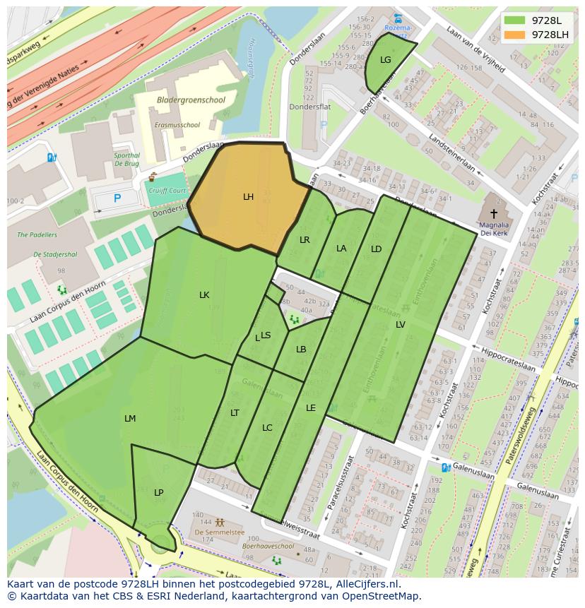 Afbeelding van het postcodegebied 9728 LH op de kaart.