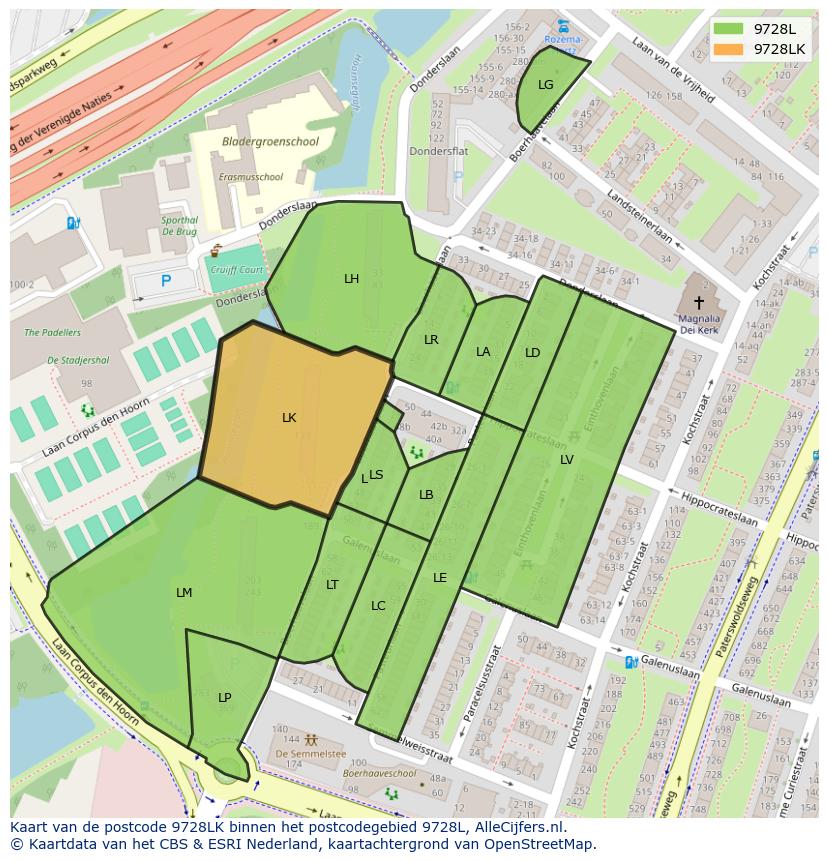 Afbeelding van het postcodegebied 9728 LK op de kaart.