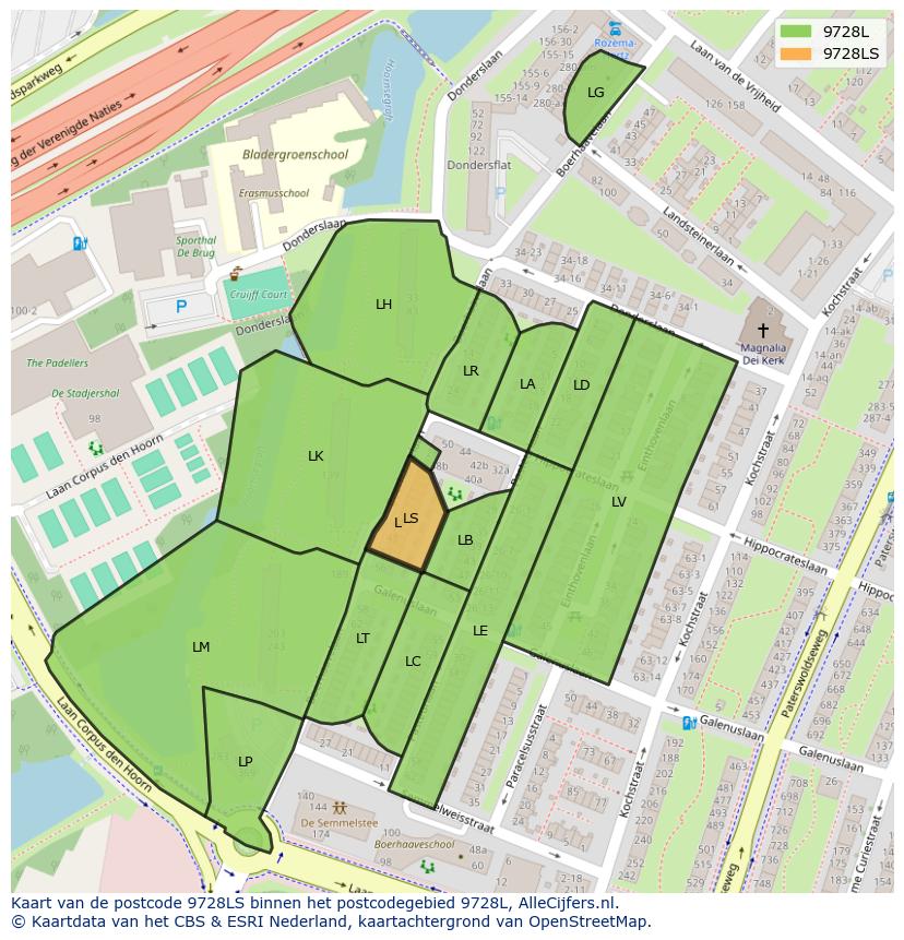 Afbeelding van het postcodegebied 9728 LS op de kaart.