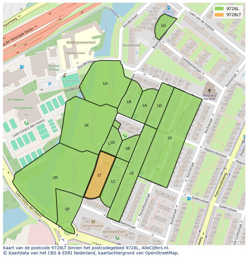 Afbeelding van het postcodegebied 9728 LT op de kaart.
