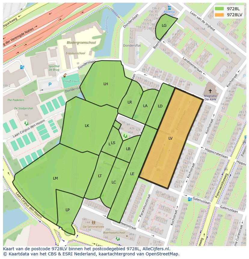Afbeelding van het postcodegebied 9728 LV op de kaart.