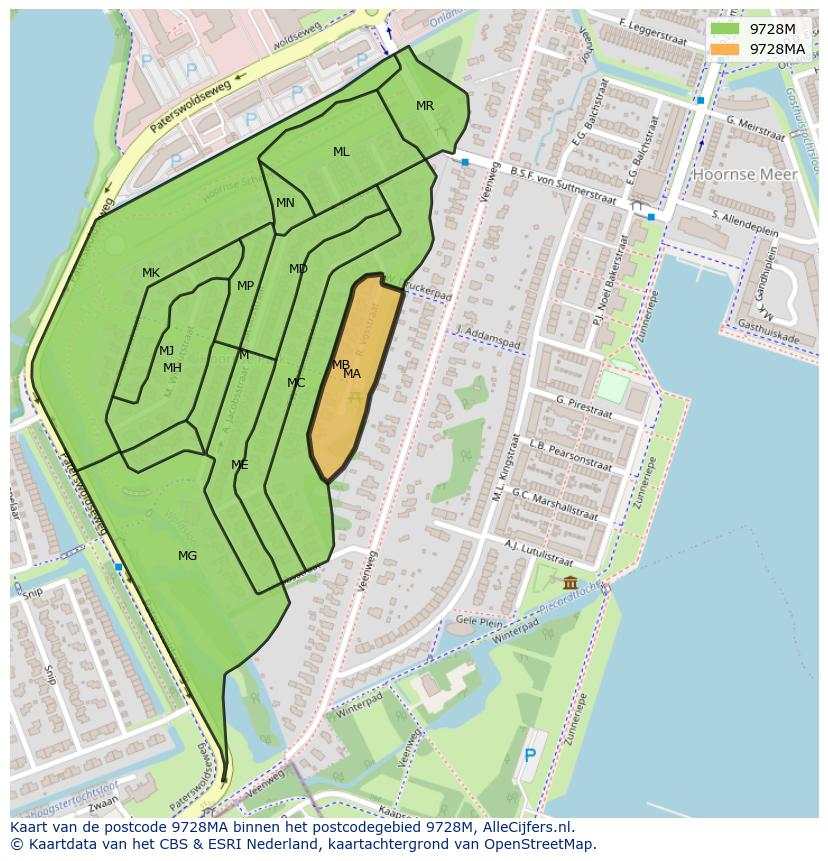 Afbeelding van het postcodegebied 9728 MA op de kaart.