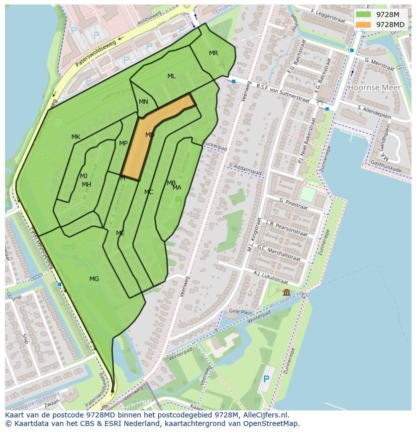 Afbeelding van het postcodegebied 9728 MD op de kaart.