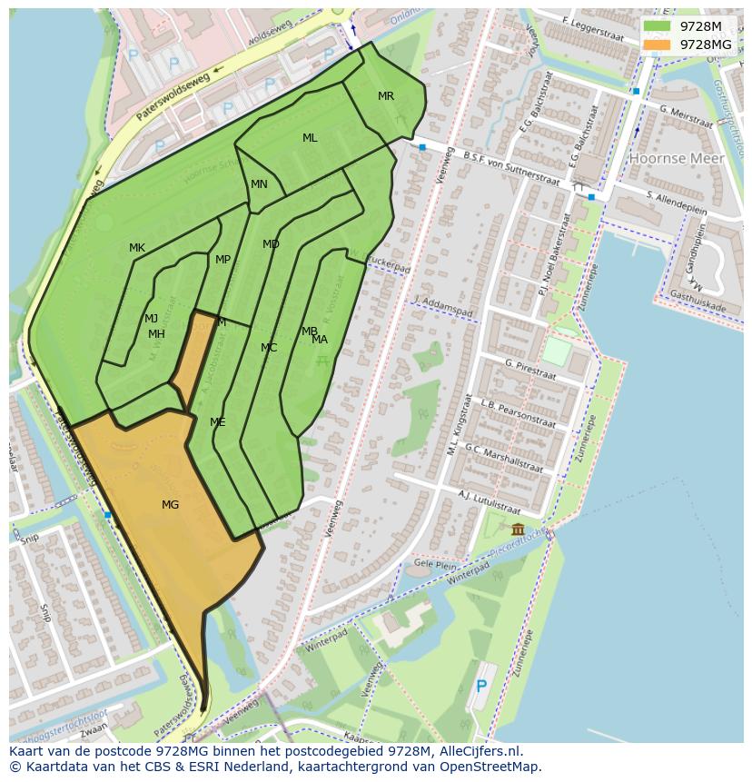 Afbeelding van het postcodegebied 9728 MG op de kaart.
