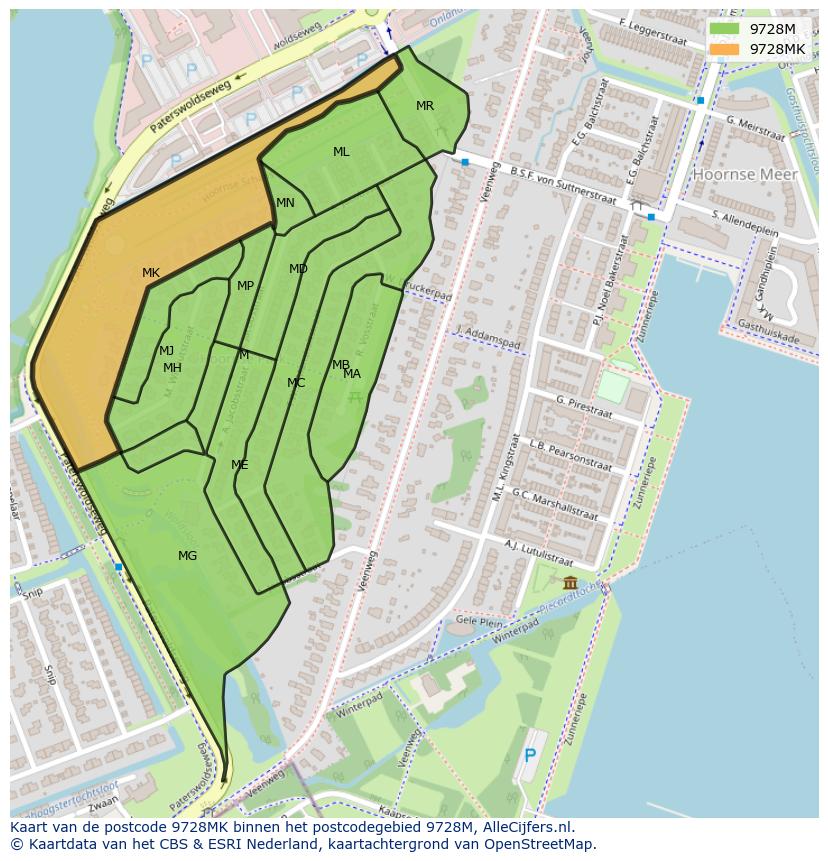 Afbeelding van het postcodegebied 9728 MK op de kaart.
