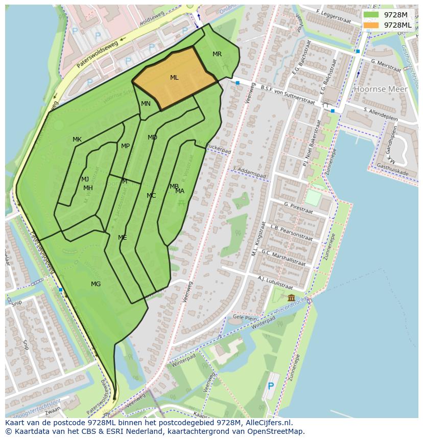 Afbeelding van het postcodegebied 9728 ML op de kaart.