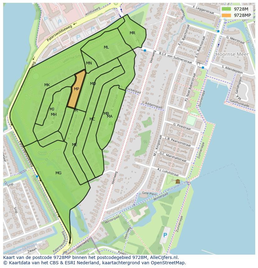Afbeelding van het postcodegebied 9728 MP op de kaart.