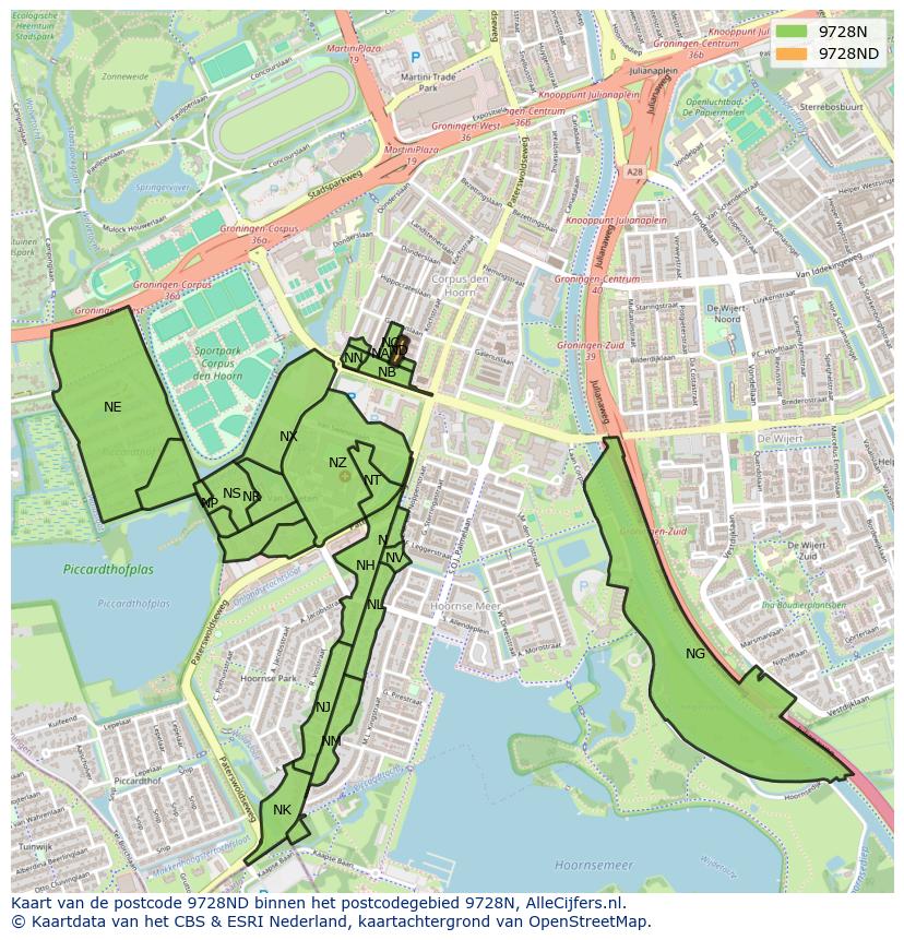 Afbeelding van het postcodegebied 9728 ND op de kaart.