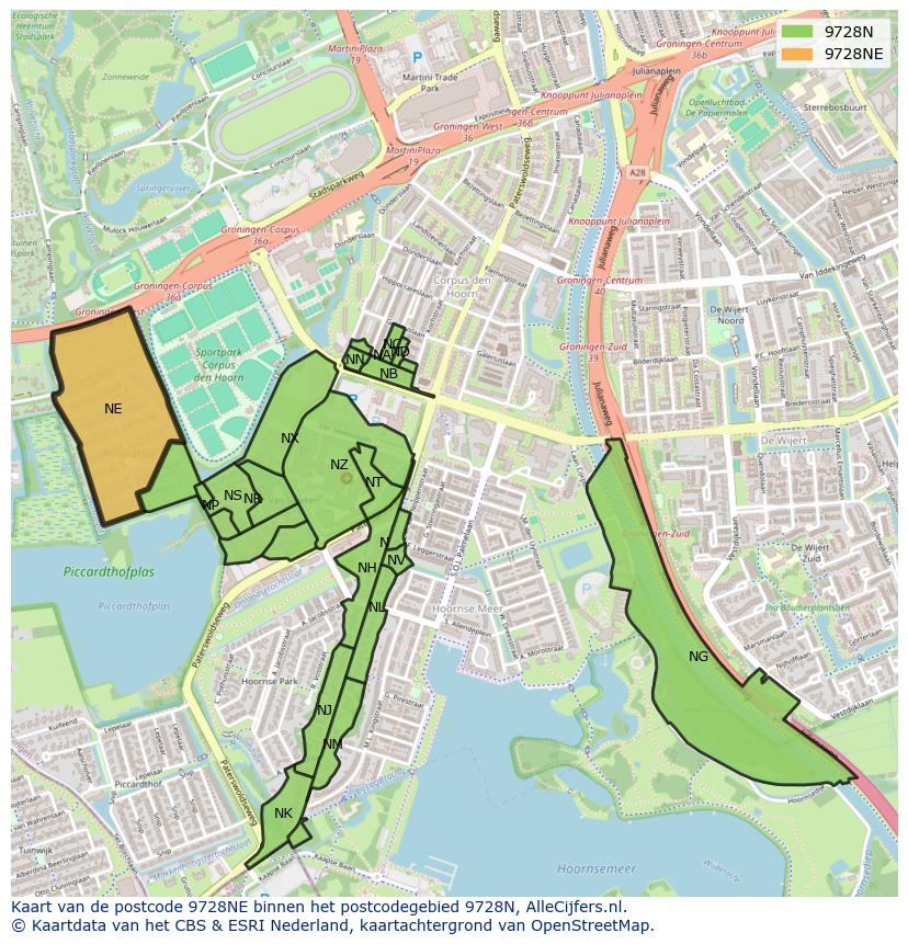 Afbeelding van het postcodegebied 9728 NE op de kaart.
