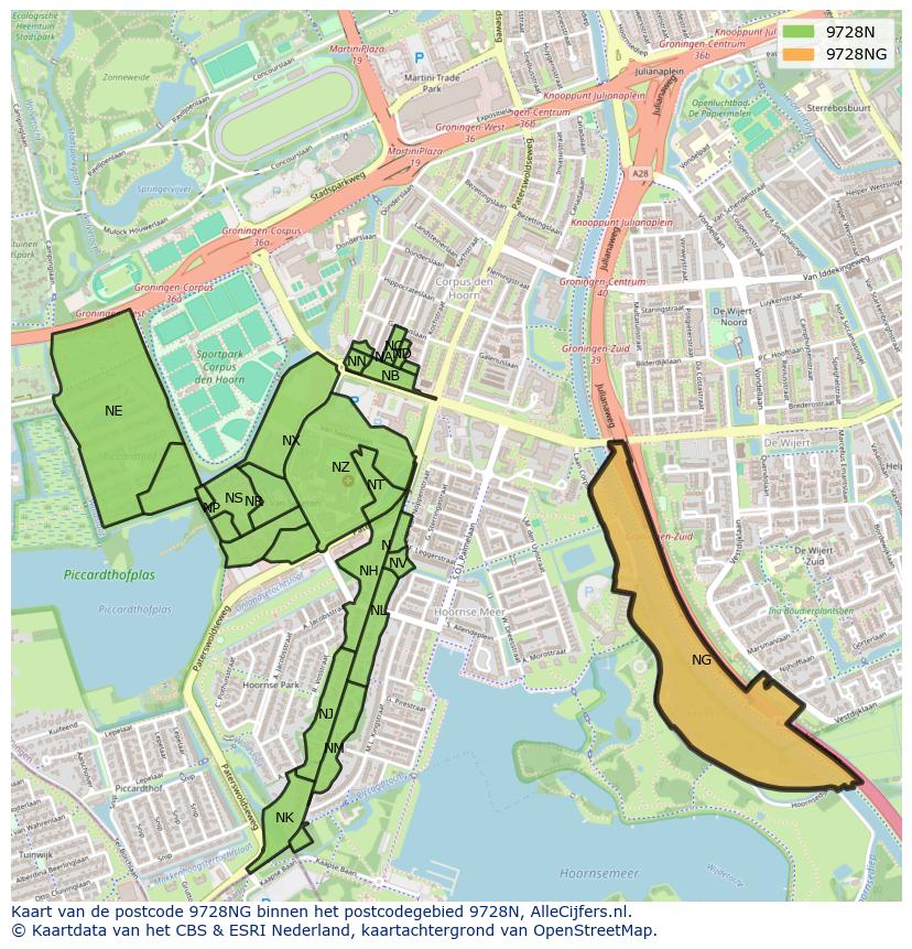Afbeelding van het postcodegebied 9728 NG op de kaart.