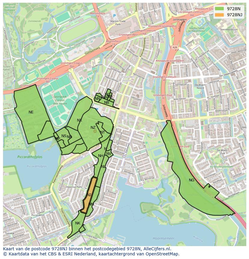 Afbeelding van het postcodegebied 9728 NJ op de kaart.