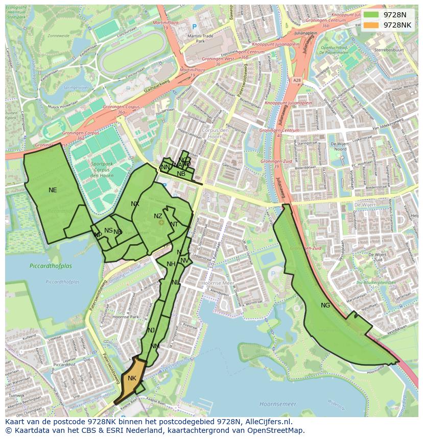 Afbeelding van het postcodegebied 9728 NK op de kaart.