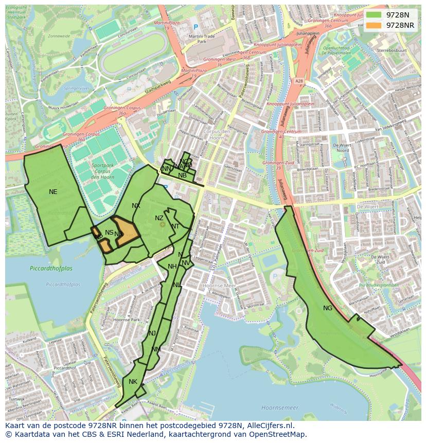 Afbeelding van het postcodegebied 9728 NR op de kaart.