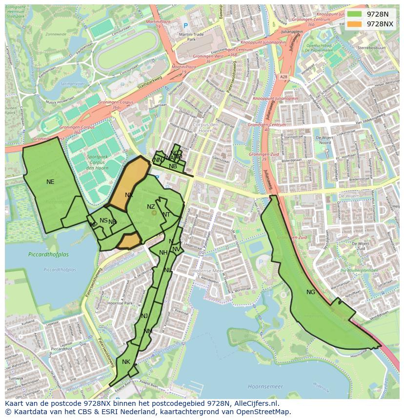 Afbeelding van het postcodegebied 9728 NX op de kaart.