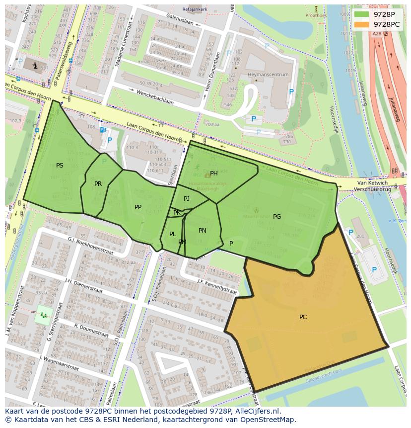 Afbeelding van het postcodegebied 9728 PC op de kaart.
