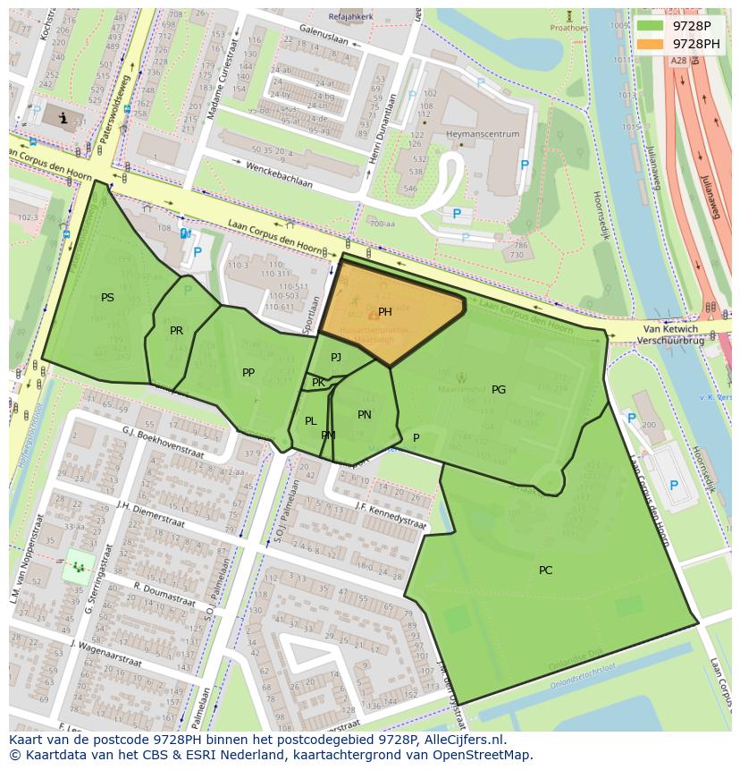 Afbeelding van het postcodegebied 9728 PH op de kaart.