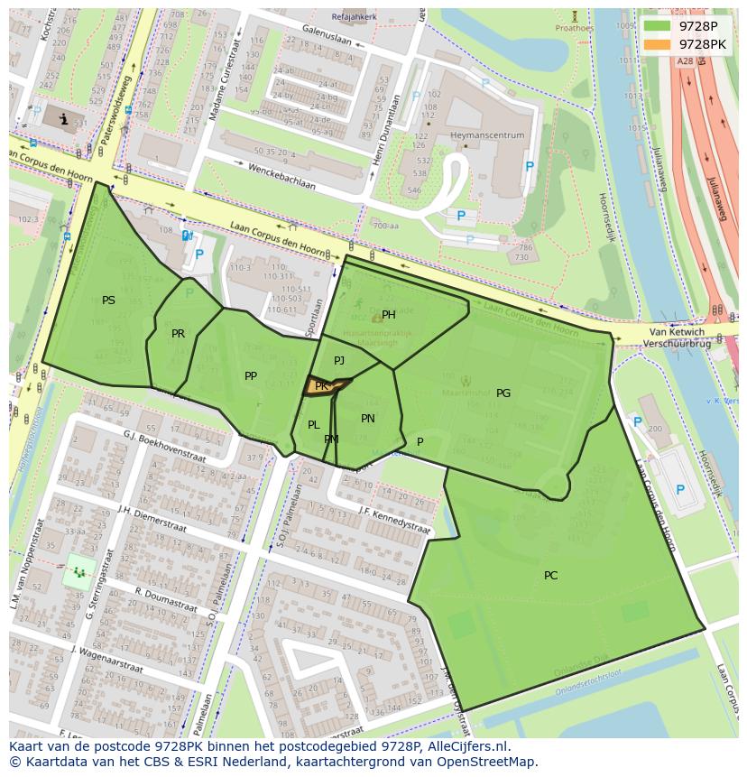 Afbeelding van het postcodegebied 9728 PK op de kaart.