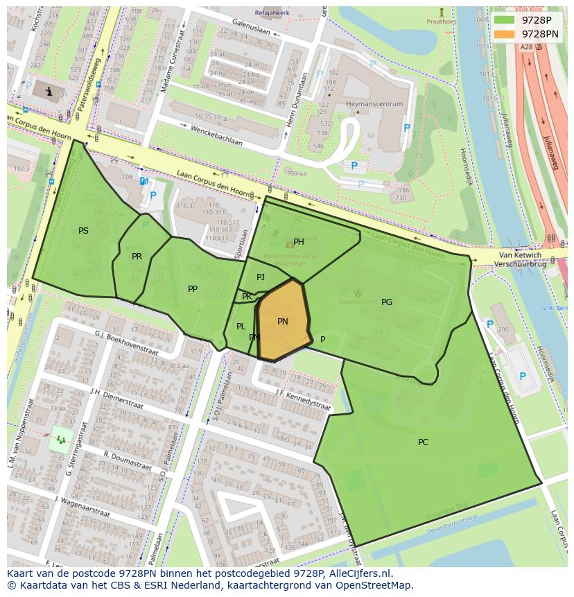 Afbeelding van het postcodegebied 9728 PN op de kaart.