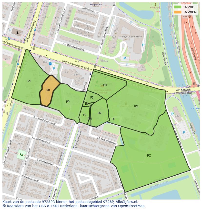 Afbeelding van het postcodegebied 9728 PR op de kaart.