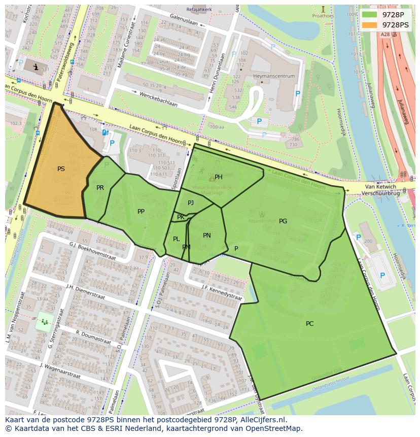 Afbeelding van het postcodegebied 9728 PS op de kaart.
