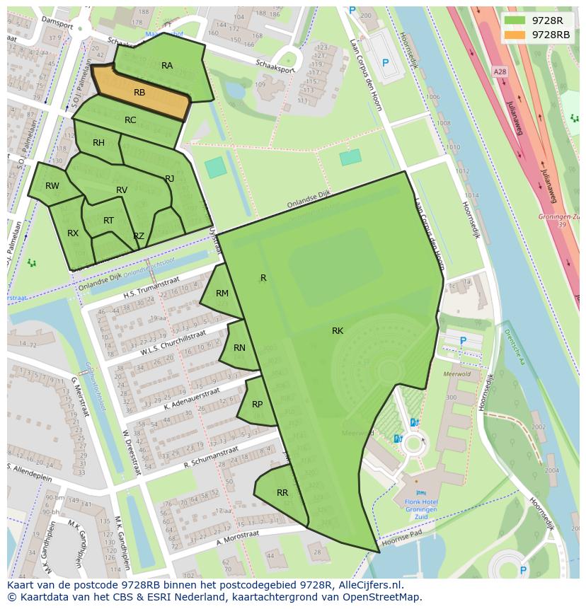 Afbeelding van het postcodegebied 9728 RB op de kaart.