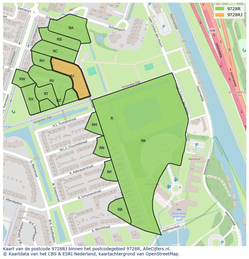 Afbeelding van het postcodegebied 9728 RJ op de kaart.