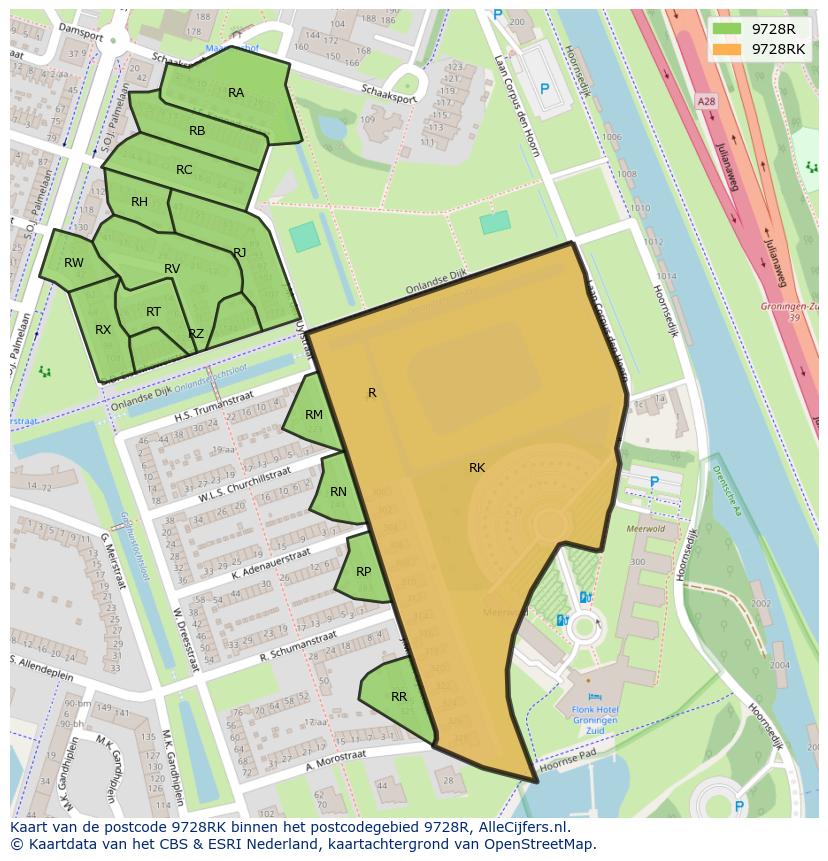 Afbeelding van het postcodegebied 9728 RK op de kaart.