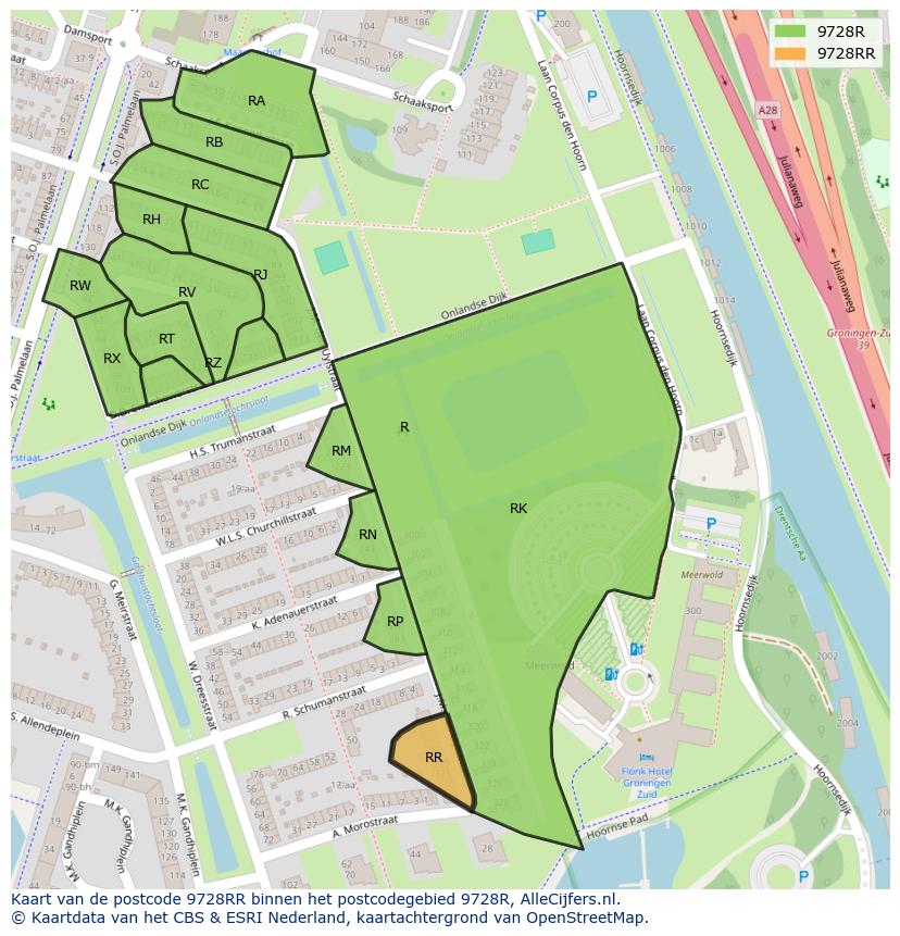 Afbeelding van het postcodegebied 9728 RR op de kaart.