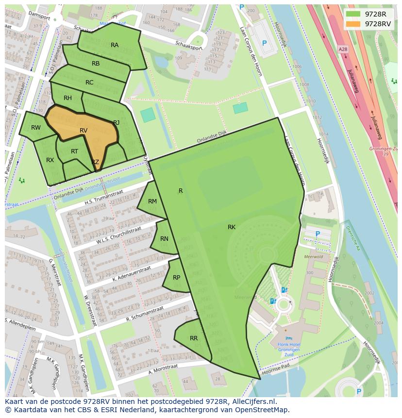 Afbeelding van het postcodegebied 9728 RV op de kaart.