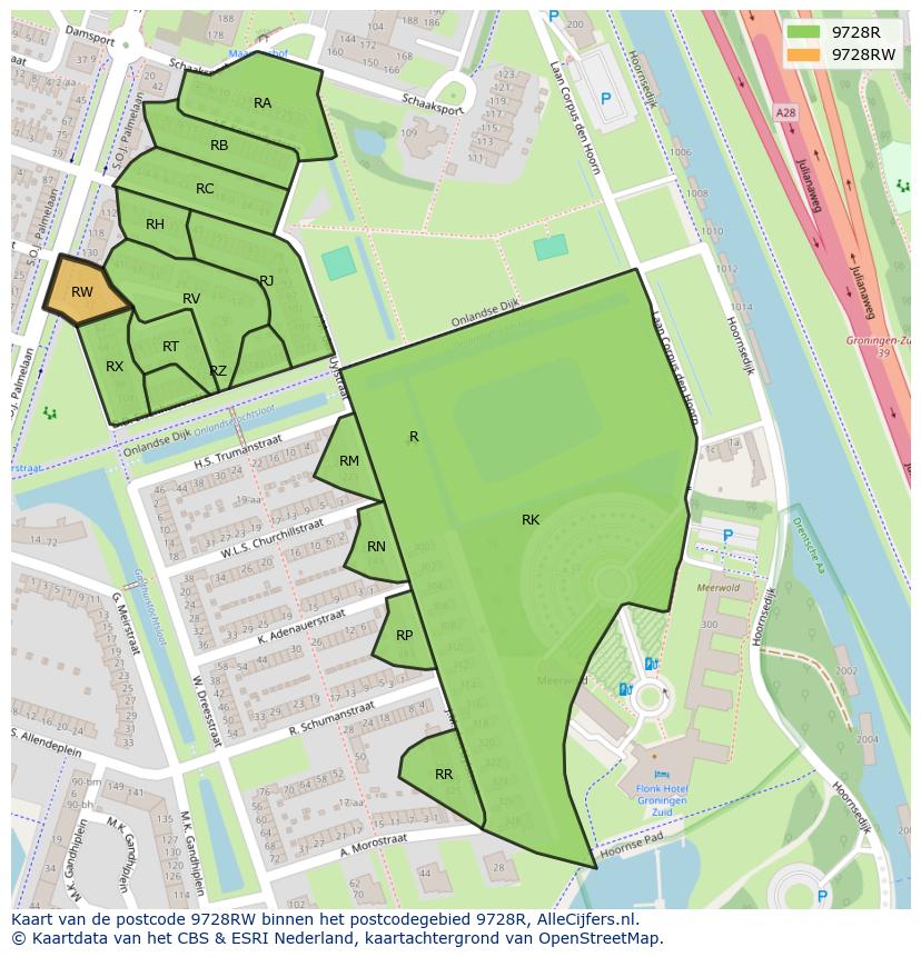 Afbeelding van het postcodegebied 9728 RW op de kaart.