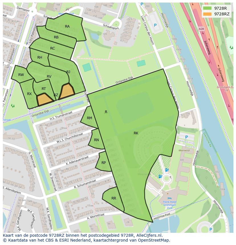 Afbeelding van het postcodegebied 9728 RZ op de kaart.