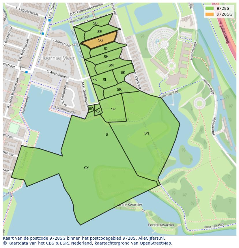 Afbeelding van het postcodegebied 9728 SG op de kaart.