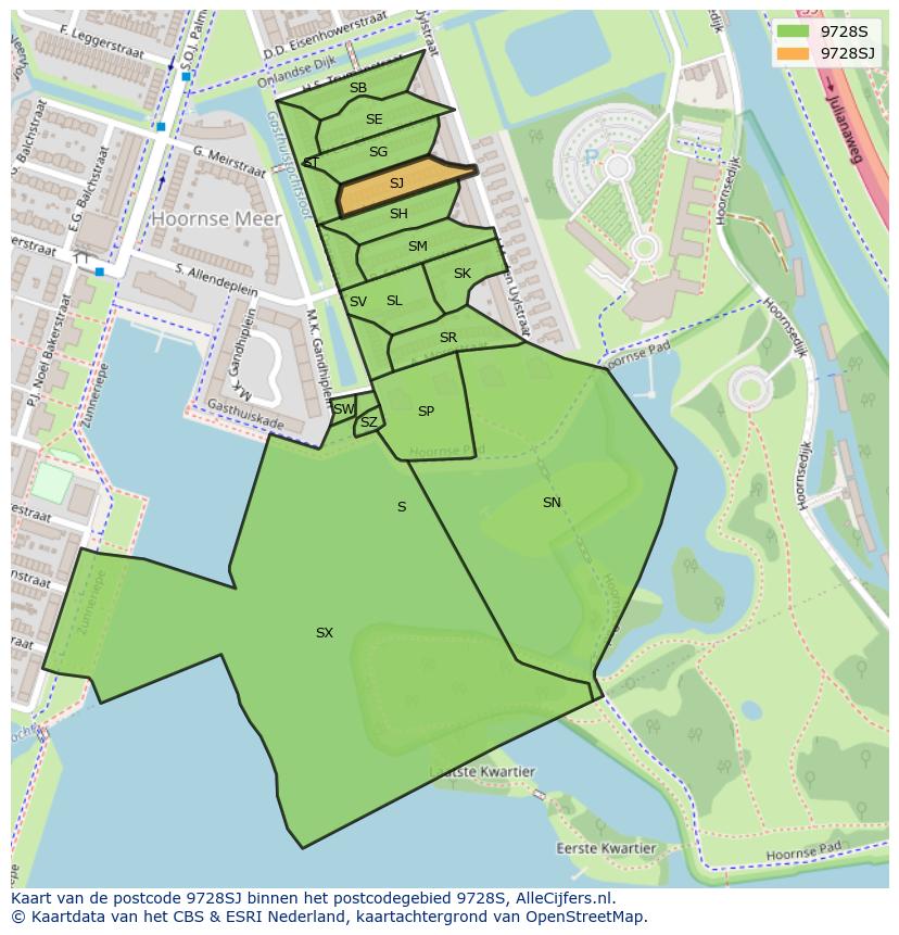 Afbeelding van het postcodegebied 9728 SJ op de kaart.