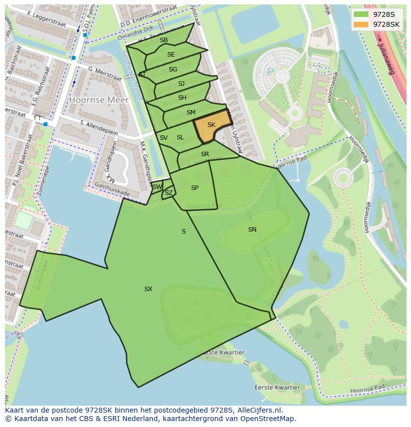 Afbeelding van het postcodegebied 9728 SK op de kaart.