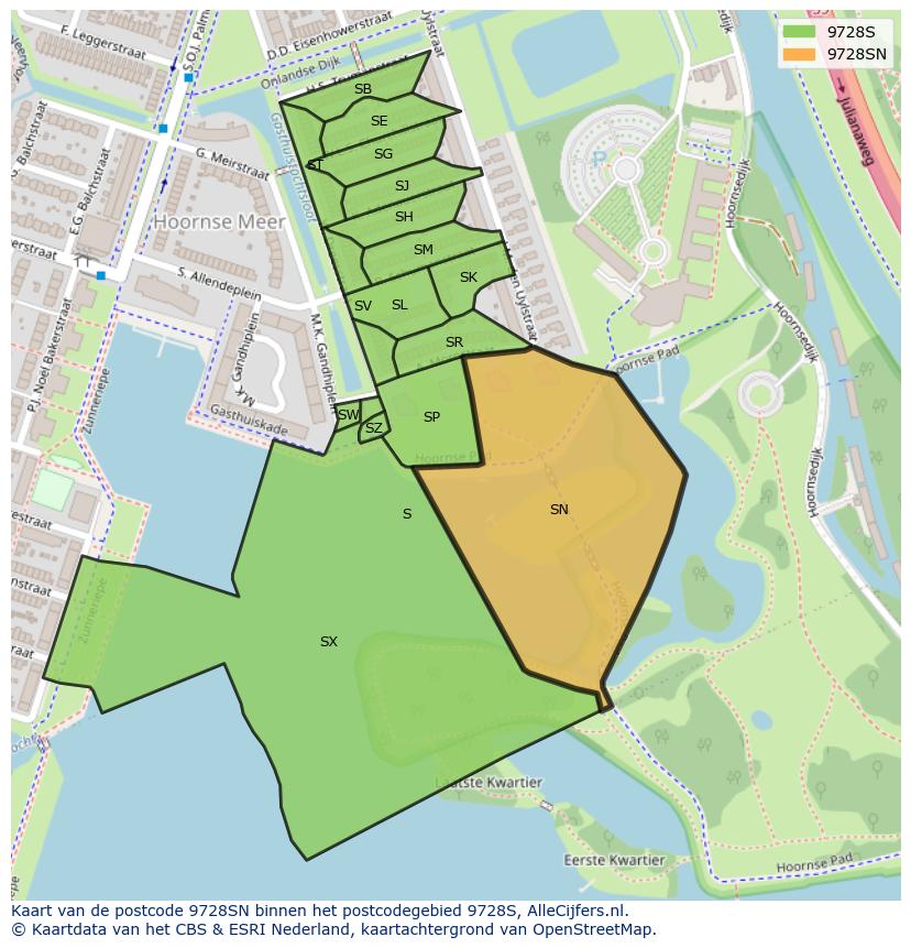 Afbeelding van het postcodegebied 9728 SN op de kaart.
