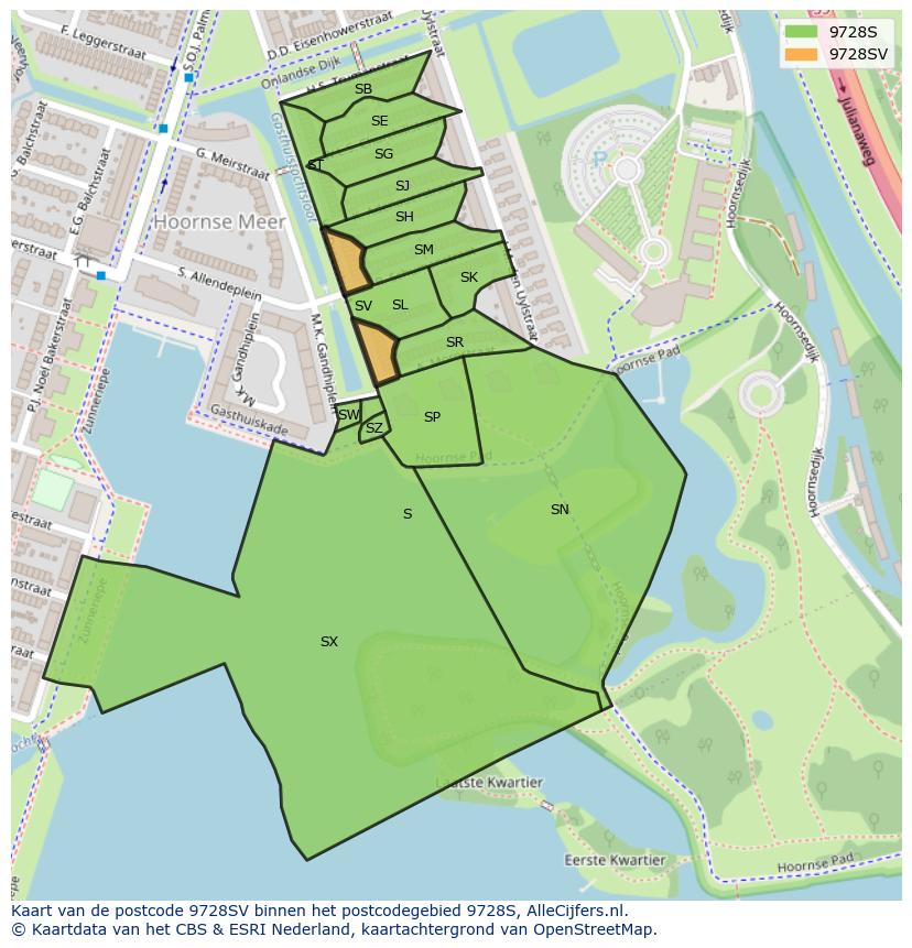 Afbeelding van het postcodegebied 9728 SV op de kaart.