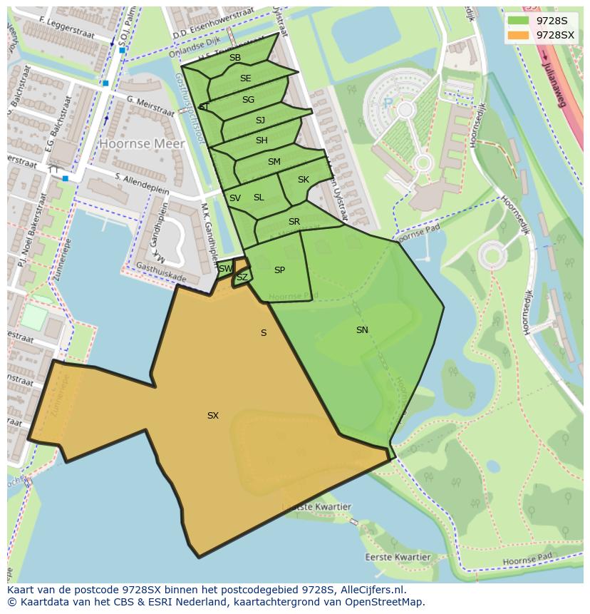 Afbeelding van het postcodegebied 9728 SX op de kaart.