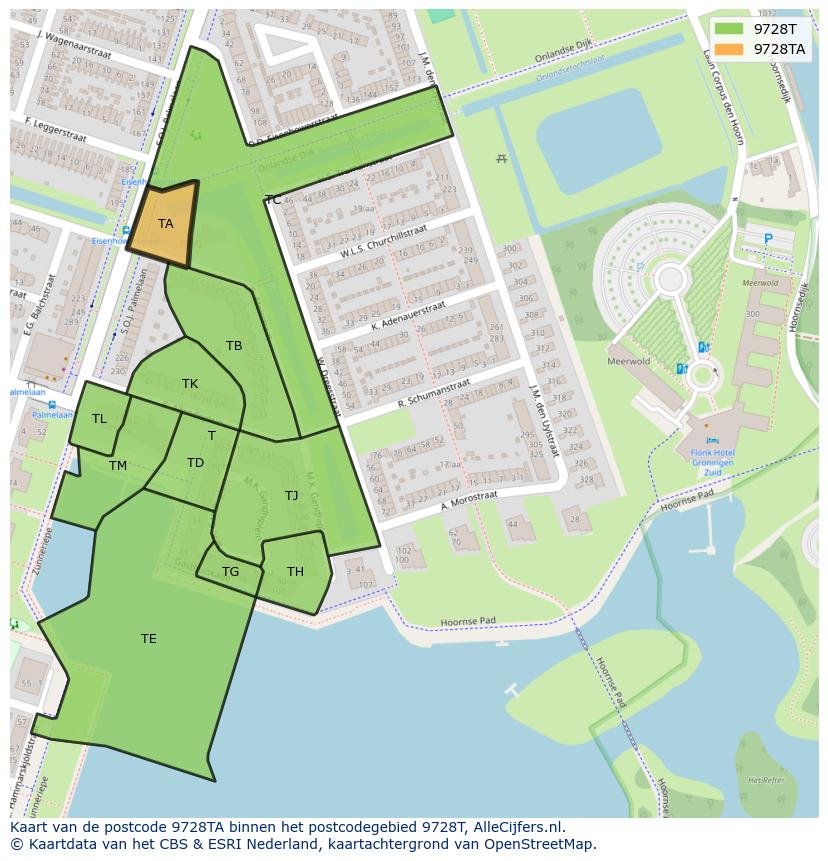 Afbeelding van het postcodegebied 9728 TA op de kaart.