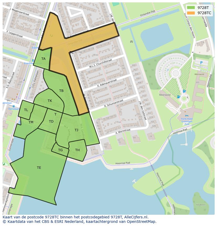 Afbeelding van het postcodegebied 9728 TC op de kaart.
