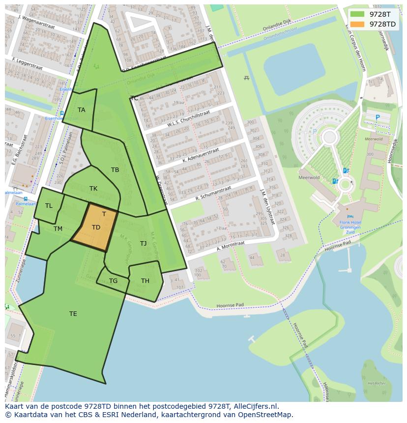 Afbeelding van het postcodegebied 9728 TD op de kaart.