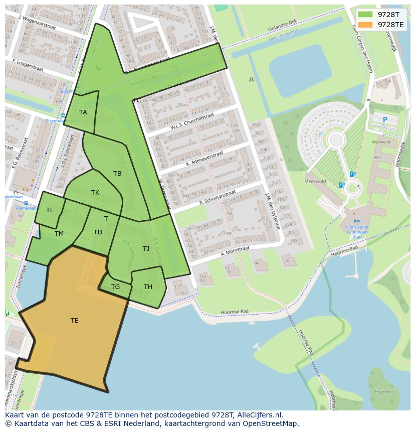 Afbeelding van het postcodegebied 9728 TE op de kaart.