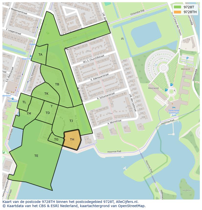 Afbeelding van het postcodegebied 9728 TH op de kaart.
