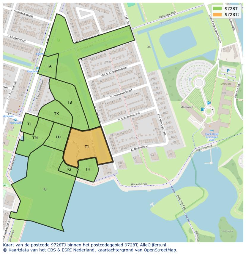 Afbeelding van het postcodegebied 9728 TJ op de kaart.