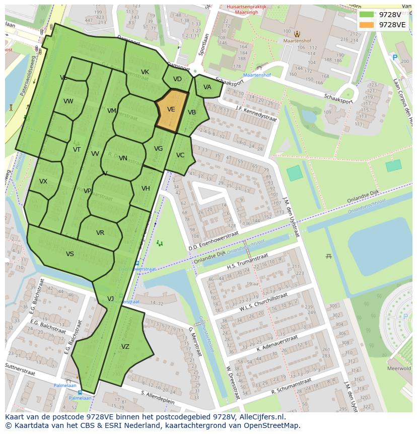 Afbeelding van het postcodegebied 9728 VE op de kaart.
