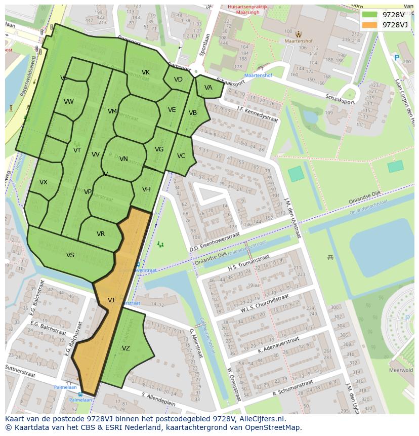 Afbeelding van het postcodegebied 9728 VJ op de kaart.