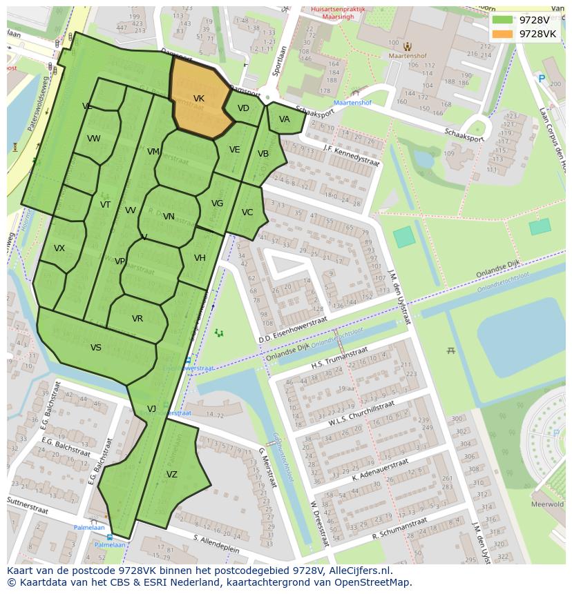 Afbeelding van het postcodegebied 9728 VK op de kaart.