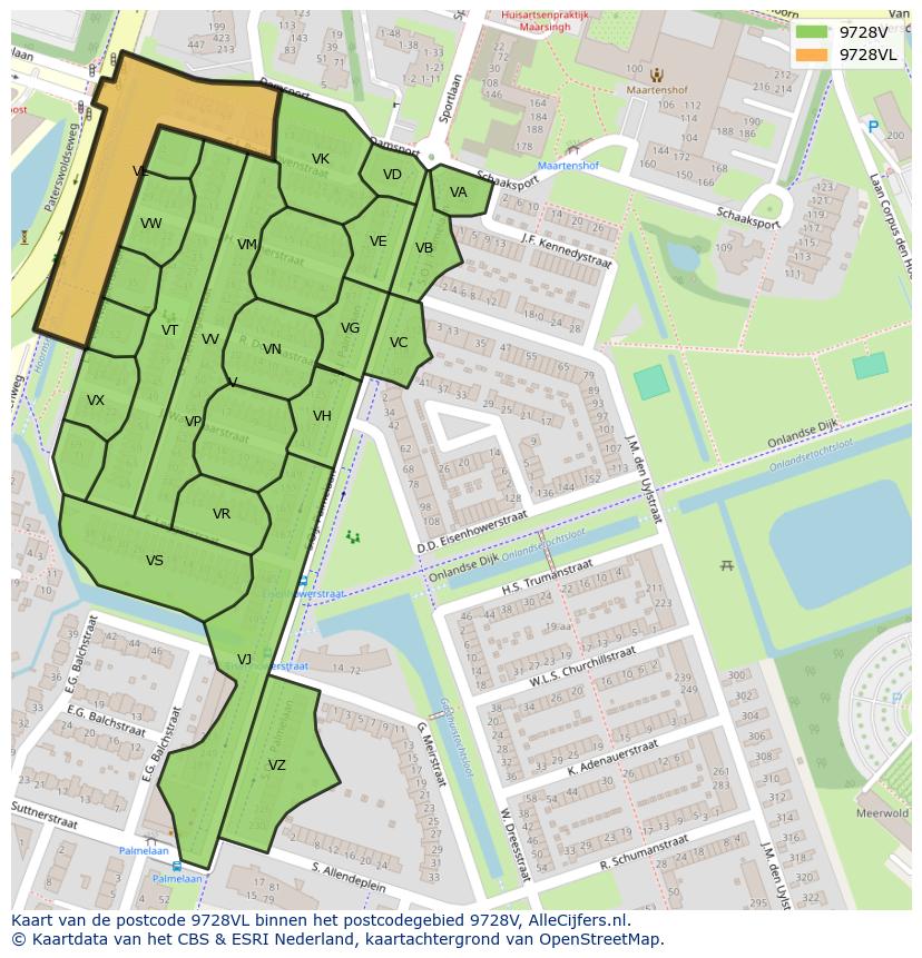 Afbeelding van het postcodegebied 9728 VL op de kaart.