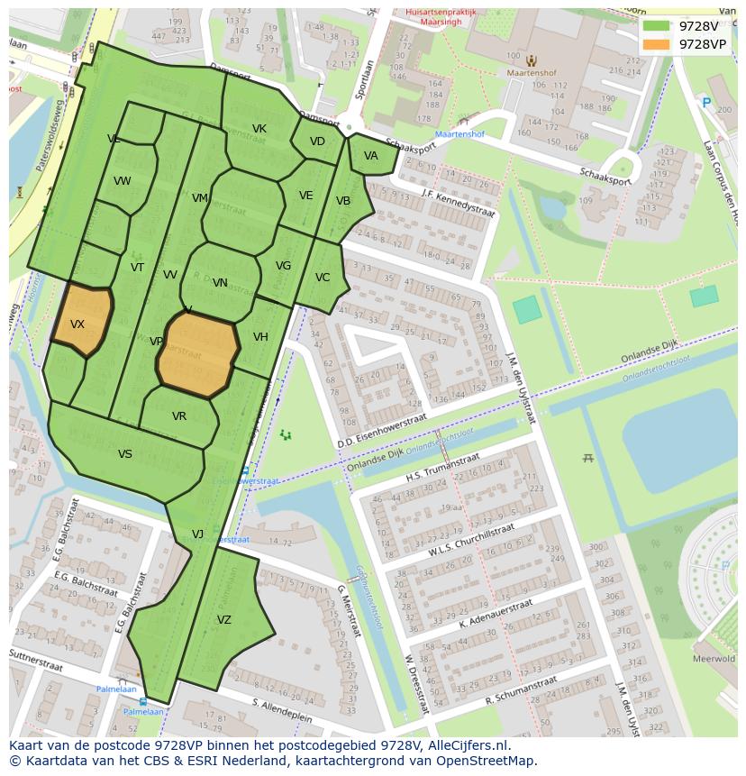 Afbeelding van het postcodegebied 9728 VP op de kaart.