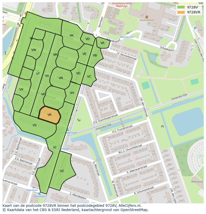 Afbeelding van het postcodegebied 9728 VR op de kaart.