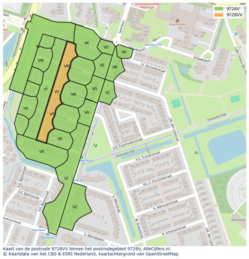Afbeelding van het postcodegebied 9728 VV op de kaart.